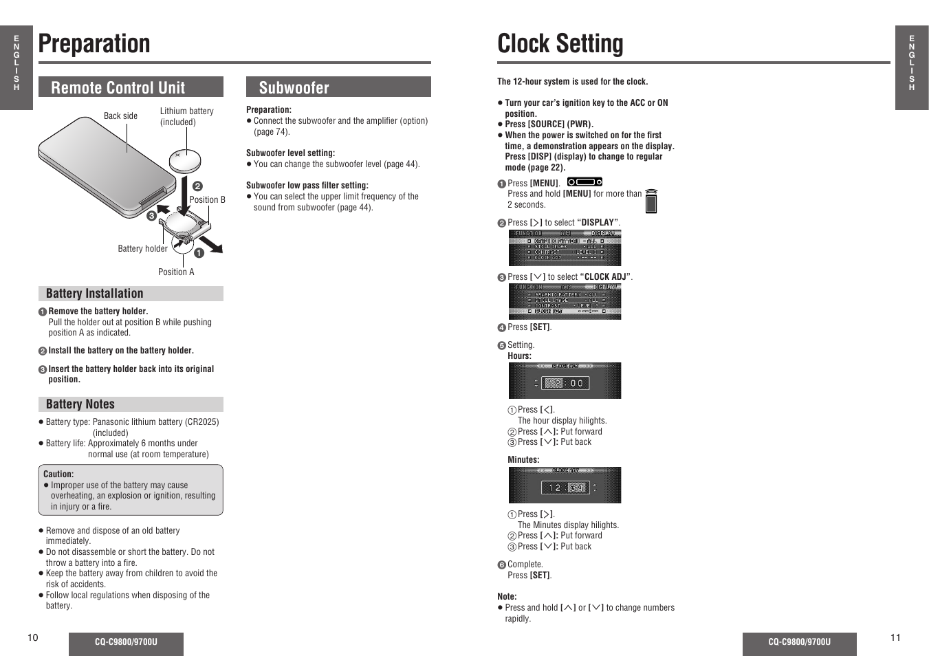 Preparation, Clock setting, Remote control unit | Subwoofer | Panasonic C9700U User Manual | Page 4 / 33
