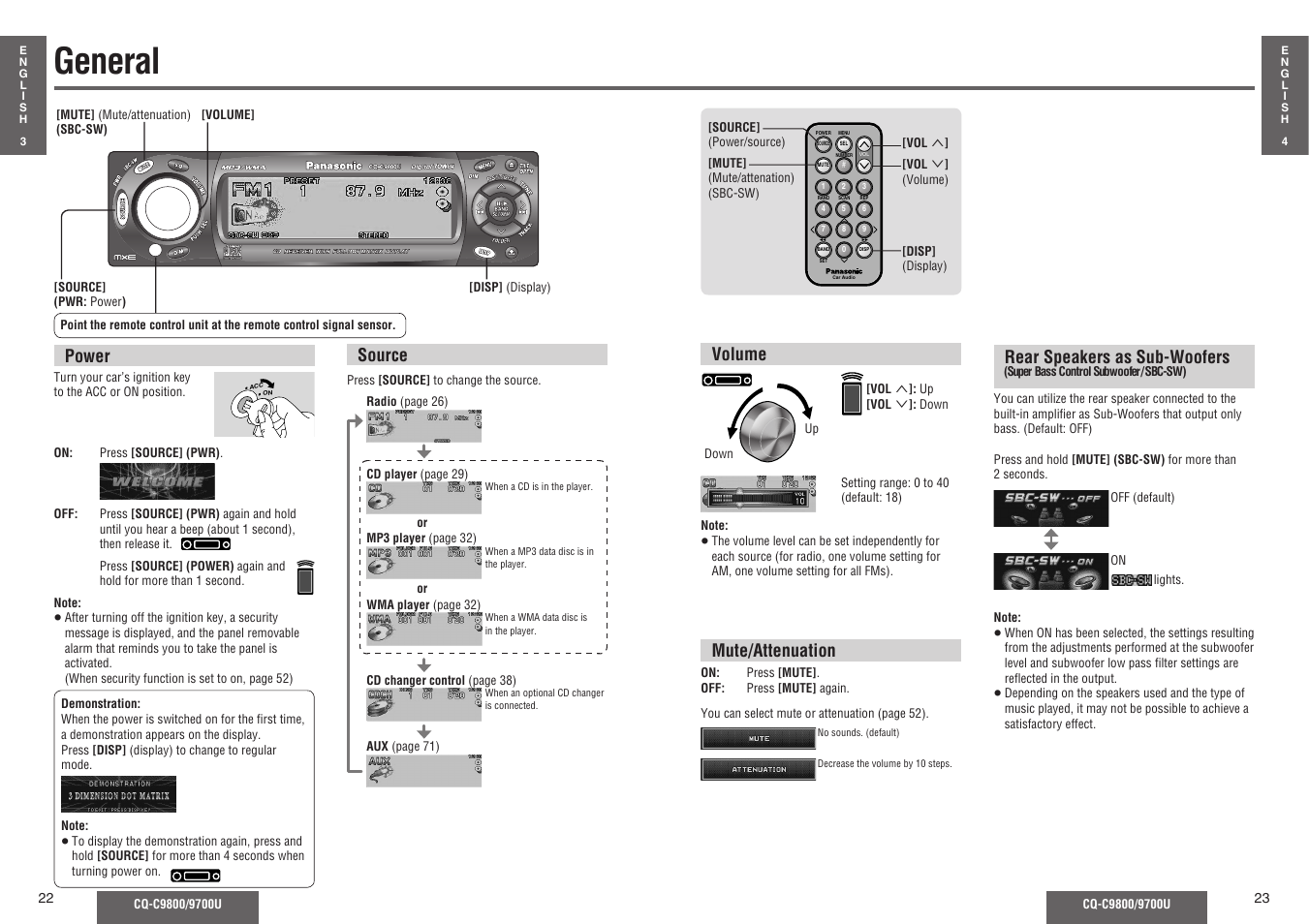 General, Volume, Source | Mute/attenuation, Power, Rear speakers as sub-woofers | Panasonic C9700U User Manual | Page 6 / 33