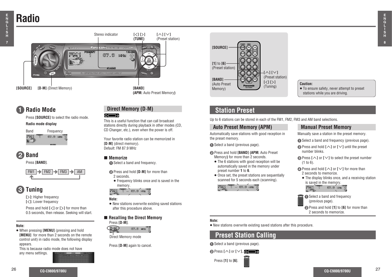 Radio, Station preset, Preset station calling | Radio mode, Tuning, Band | Panasonic C9700U User Manual | Page 8 / 33