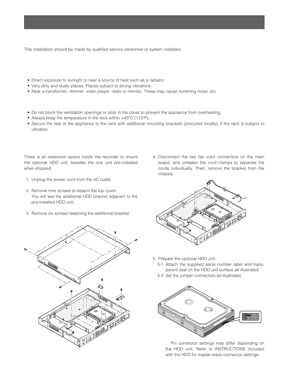 Installation, Installing the optional hdd, Warning | Panasonic WJ-HD200 User Manual | Page 11 / 92