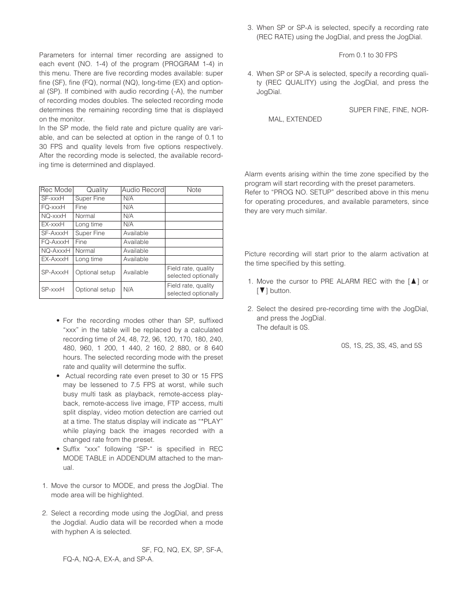 Recording mode setup prog “1-4” no. “1-4” setup, Alarm recording mode setup alm rec mode, Pre-alarm recording pre alm rec | Panasonic WJ-HD200 User Manual | Page 26 / 92