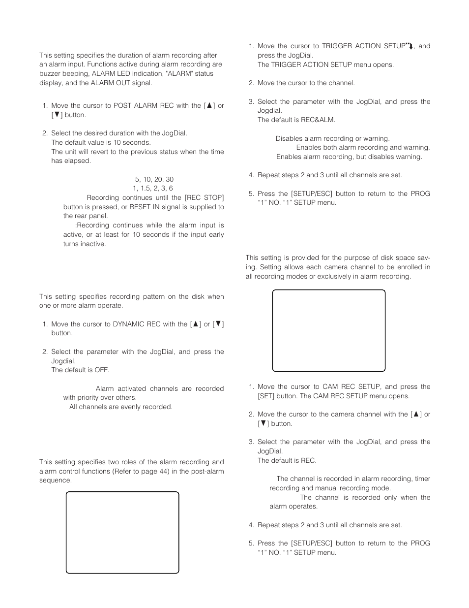 Post-alarm recording post alm rec, Dynamic recording dynamic rec, Trigger action setup trigger action setup | Camera recording setup cam rec setup | Panasonic WJ-HD200 User Manual | Page 27 / 92