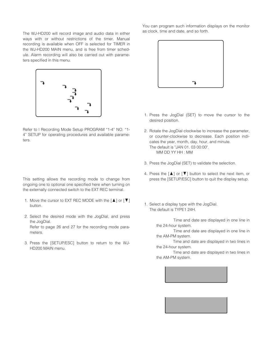 Manual recording setup rec setup, Externally specified recording mode ext rec, Display setup display setup | Clock clock, Time & date time & date | Panasonic WJ-HD200 User Manual | Page 28 / 92