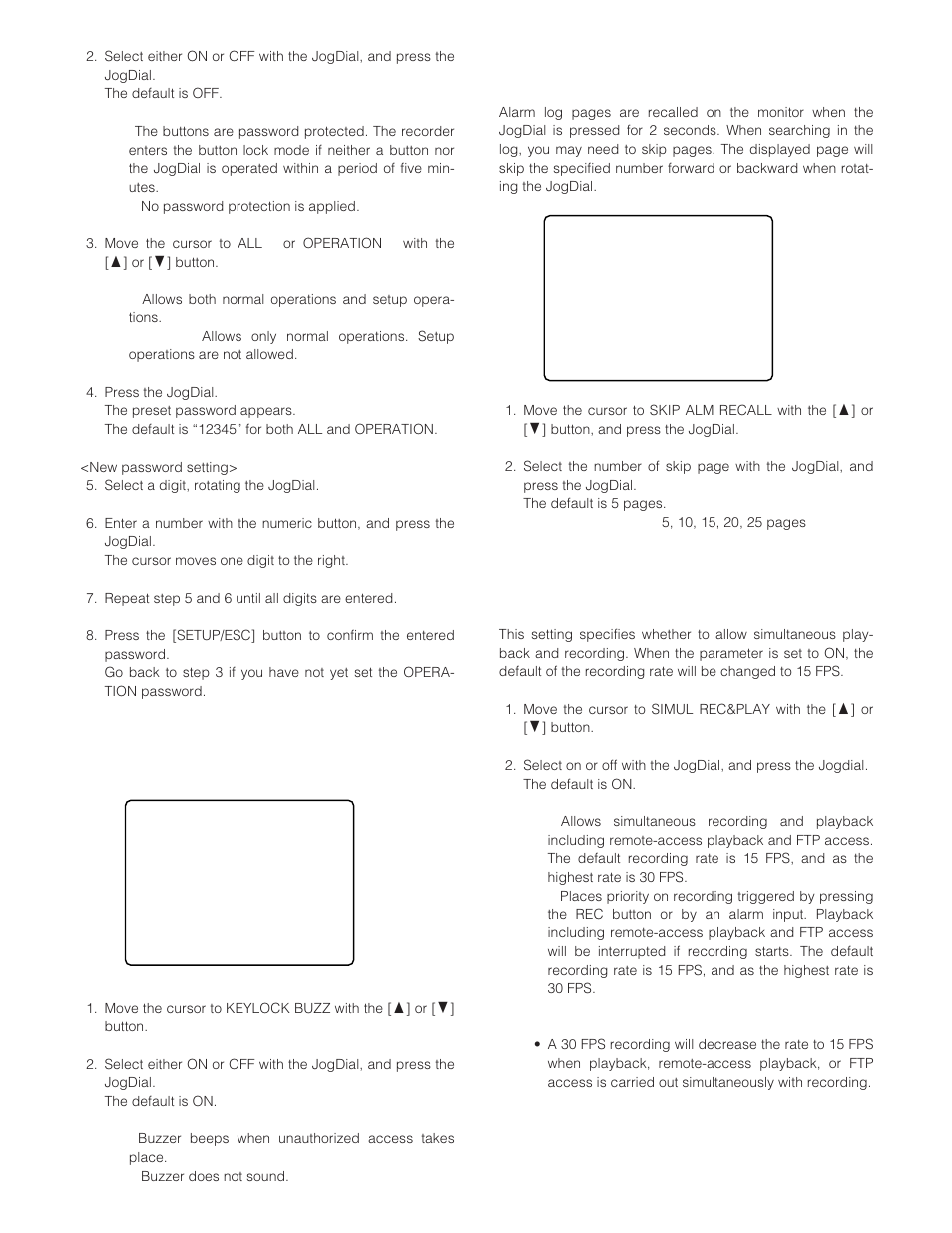 Keylock buzzer setup keylock buzz, Skip alarm recall setup skip alarm recall, Simultaneous recording & playback simul rec & play | Panasonic WJ-HD200 User Manual | Page 32 / 92