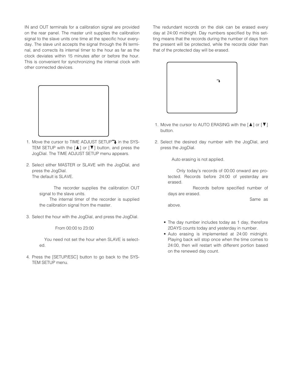 Time adjust setup time adjusting, Auto erasing setup auto erasing | Panasonic WJ-HD200 User Manual | Page 34 / 92