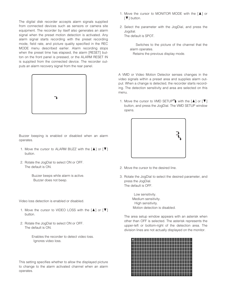 Alarm setup alarm setup, Alarm buzzer alarm buzz, Video loss video loss | Monitor mode monitor mode, Video motion detection vmd setup | Panasonic WJ-HD200 User Manual | Page 35 / 92