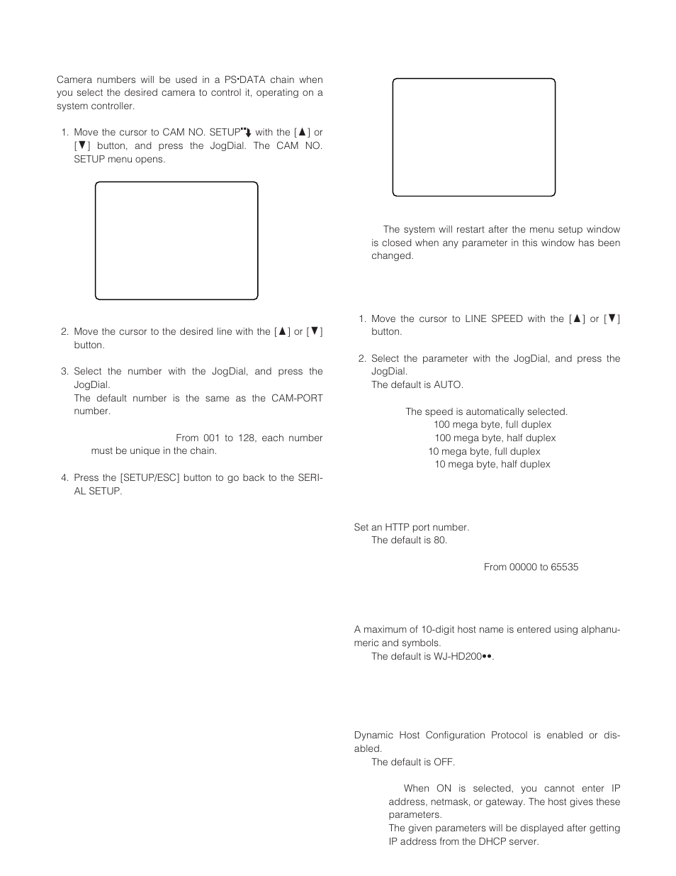 Network setup network setup, Line speed line speed, Http port http port | Host name host name, Dynamic host configuration protocol dhcp, Data) | Panasonic WJ-HD200 User Manual | Page 38 / 92