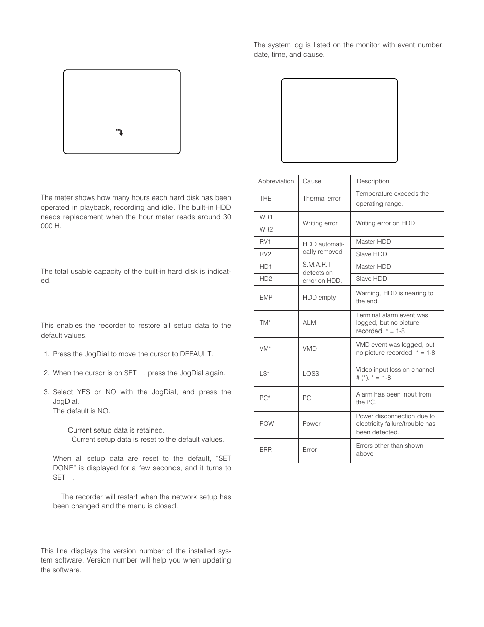 System information system information, Hdd hour meter hdd hour meter, Hdd capacity hdd capacity | Default default, System version system version, System log system log | Panasonic WJ-HD200 User Manual | Page 41 / 92