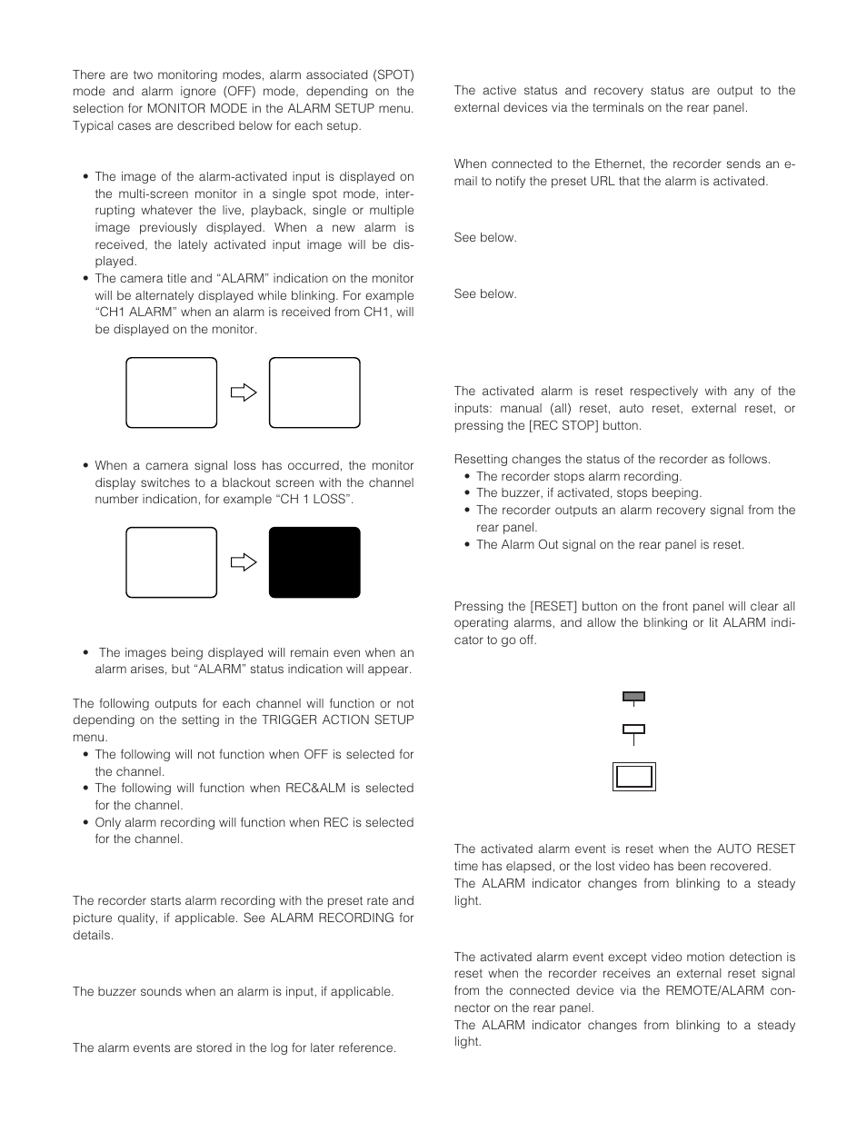 Monitor display, Alarm recording, Alarm buzzer | Alarm log recall and search, Alarm status output, Alarm notice mail, Resetting alarm, Suspending alarm, Manual (all) reset, Auto reset | Panasonic WJ-HD200 User Manual | Page 45 / 92