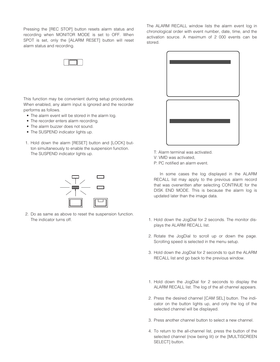 Pressing rec stop button, Suspending alarm input, Alarm log recall & search | To brows through the log, To sort by channel | Panasonic WJ-HD200 User Manual | Page 46 / 92