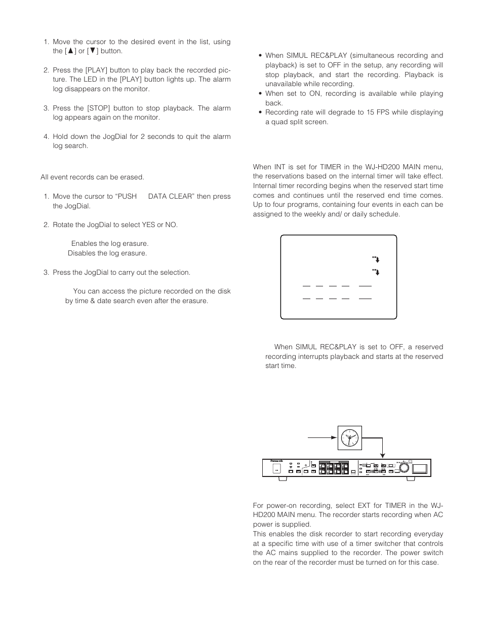 To search for playback, To erase the log, Recording | Internal timer recording, Power-on recording | Panasonic WJ-HD200 User Manual | Page 47 / 92