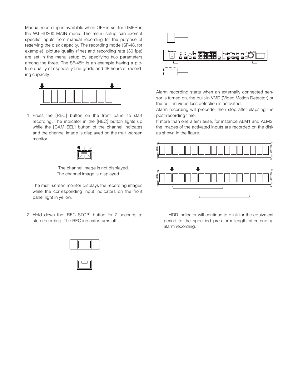 Manual recording, Alarm recording, Time&date search rec stop rec | Alarm 1 alarm 1 duration alarm 2 alarm 2 duration | Panasonic WJ-HD200 User Manual | Page 48 / 92