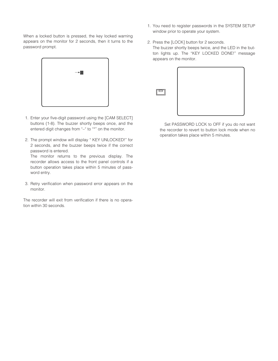 Lock/unlock buttons, Password verification, Enabling button lock | Panasonic WJ-HD200 User Manual | Page 51 / 92
