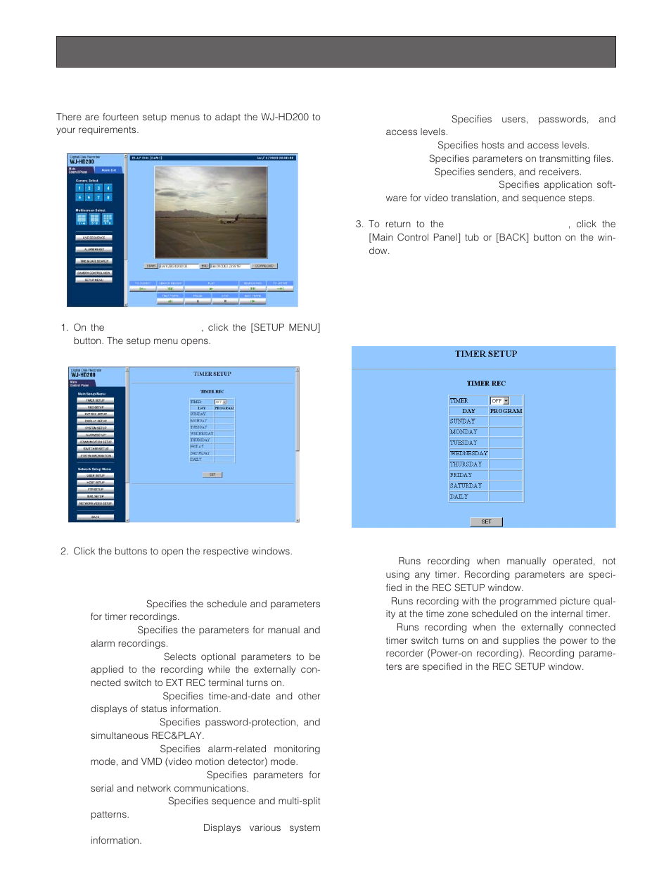 Wj-hd200 setup, To access setup menus, Timer setup timer setup | Timer rec | Panasonic WJ-HD200 User Manual | Page 56 / 92