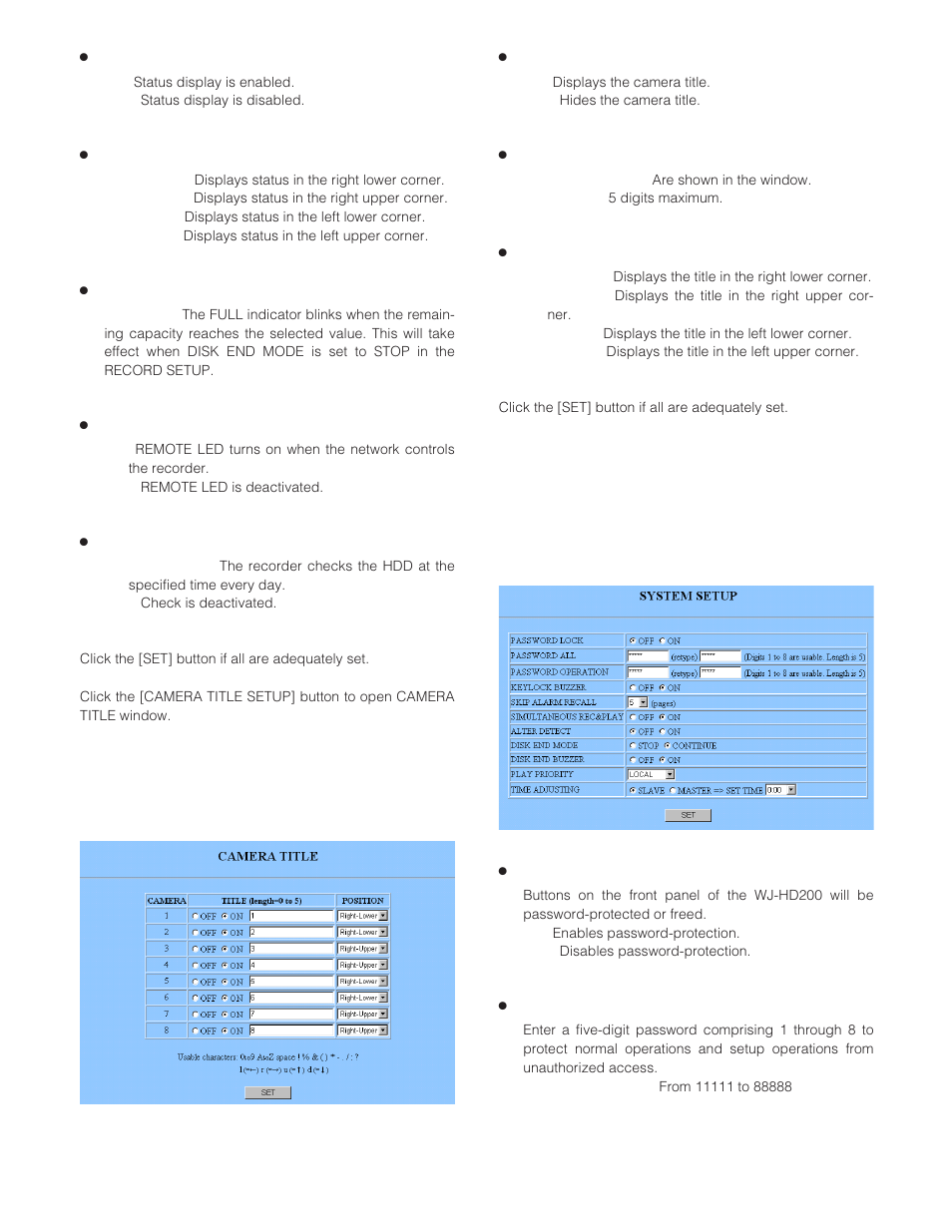 Status display (status display), Status display position (status position), Hdd full (hdd full) | Remote led (remote led), Hdd check (hdd check), On/off (on/off), Title (title), Title position (position), System setup system setup, Camera title camera title | Panasonic WJ-HD200 User Manual | Page 60 / 92