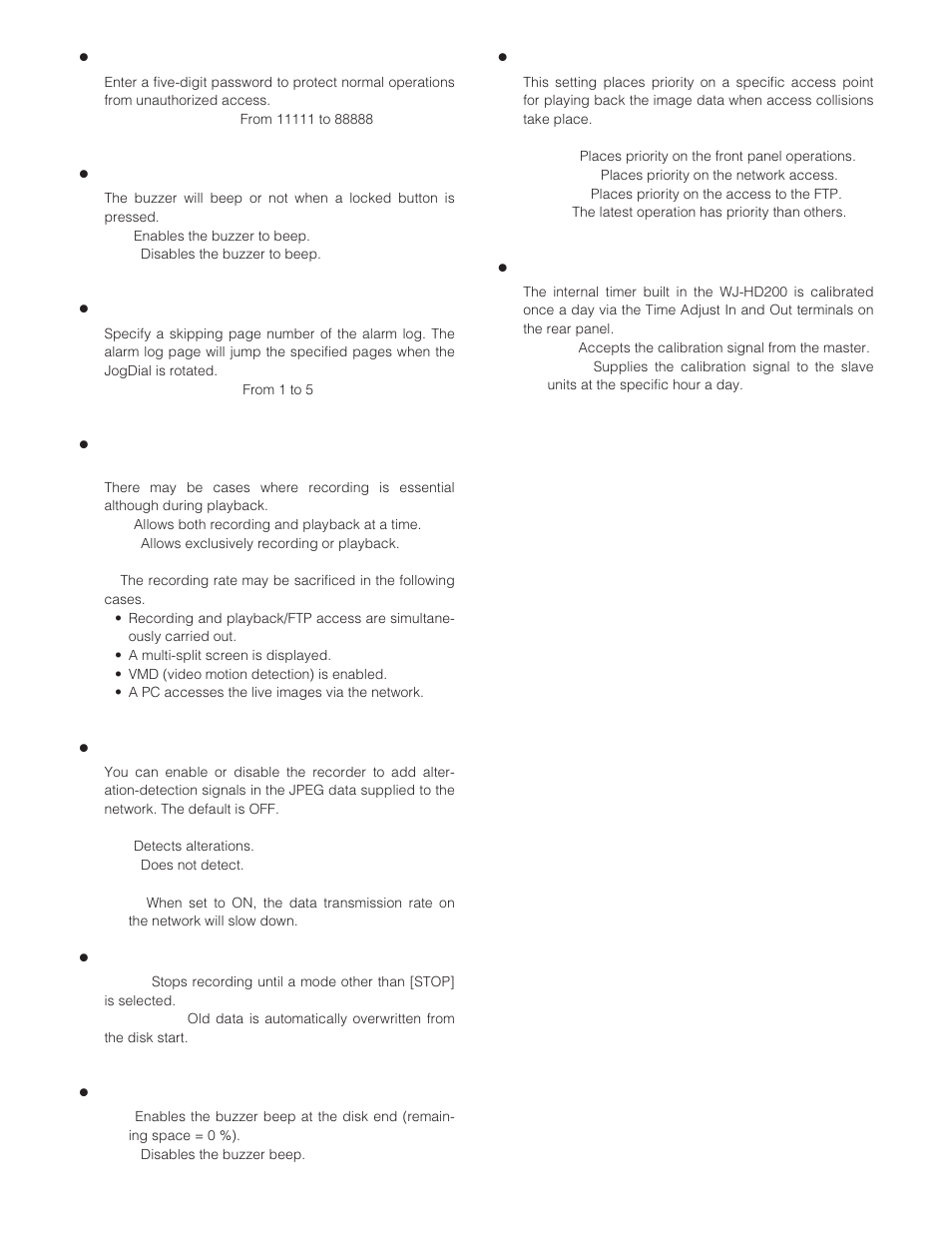 Password operation (password operation), Keylock buzzer (keylock buzzer), Skip alarm recall (skip alarm recall) | Alteration detection alter detect, Disk end mode disk end mode, Disk end buzzer disk end buzzer, Play priority play priority, Time adjusting (time adjusting) | Panasonic WJ-HD200 User Manual | Page 61 / 92