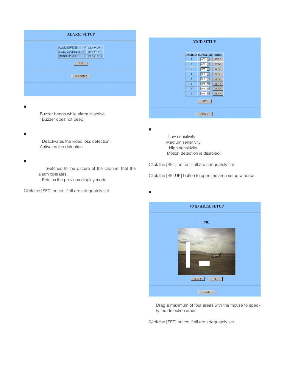 Alarm setup alarm setup, Alarm buzzer (alarm buzzer), Video loss detection (video loss detect) | Monitoring mode (monitor mode), Video motion detector setup vmd setup, Sensitivity (sensitive), Vmd area setup (vmd area setup) | Panasonic WJ-HD200 User Manual | Page 62 / 92