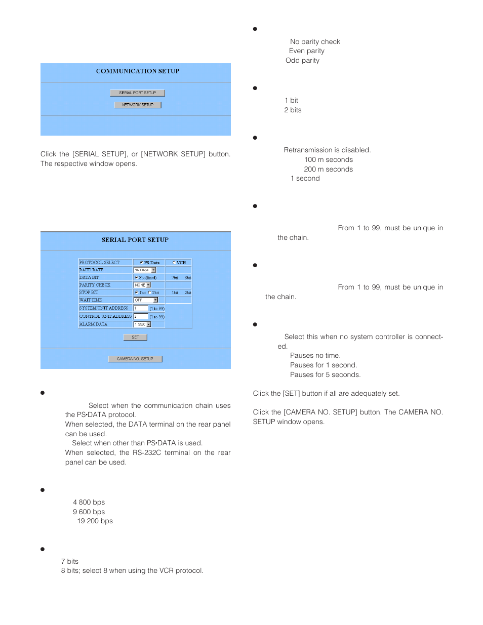 Communication setup communication setup, Serial port setup serial port setup, Protocol selection (protocol select) | Baud rate (baud rate), Data bit (data bit), Parity check (parity check), Stop bit (stop bit), Wait time (wait time), Alarm data (alarm data) | Panasonic WJ-HD200 User Manual | Page 63 / 92