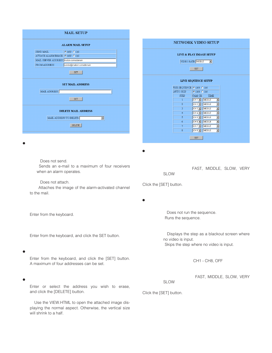 Mail setup mail setup, Alarm mail setup (alarm mail setup), Set mail address (set mail address) | Delete mail address (delete mail address), Network video setup network video setup, Live sequence setup (live sequence setup) | Panasonic WJ-HD200 User Manual | Page 70 / 92