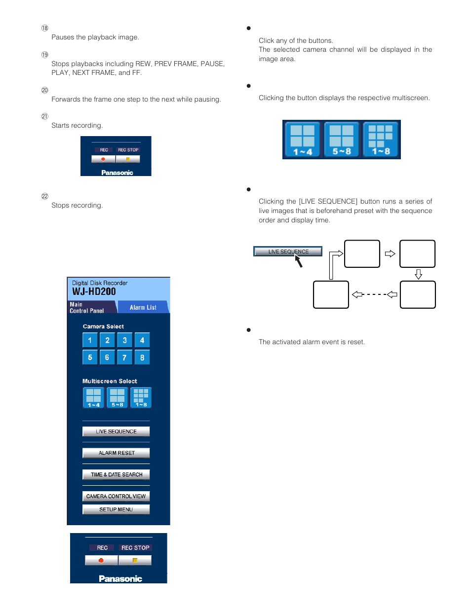 Main control panel, Camera selection button (camera select), Multiscreen selection button | Live sequence button (live sequence), Alarm reset button (alarm reset) | Panasonic WJ-HD200 User Manual | Page 72 / 92