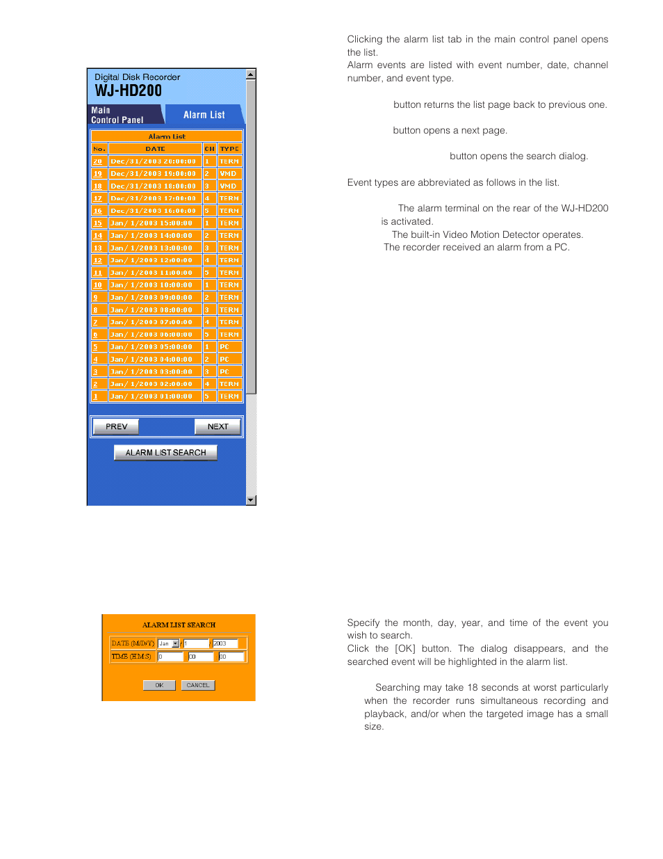 Alarm list | Panasonic WJ-HD200 User Manual | Page 74 / 92