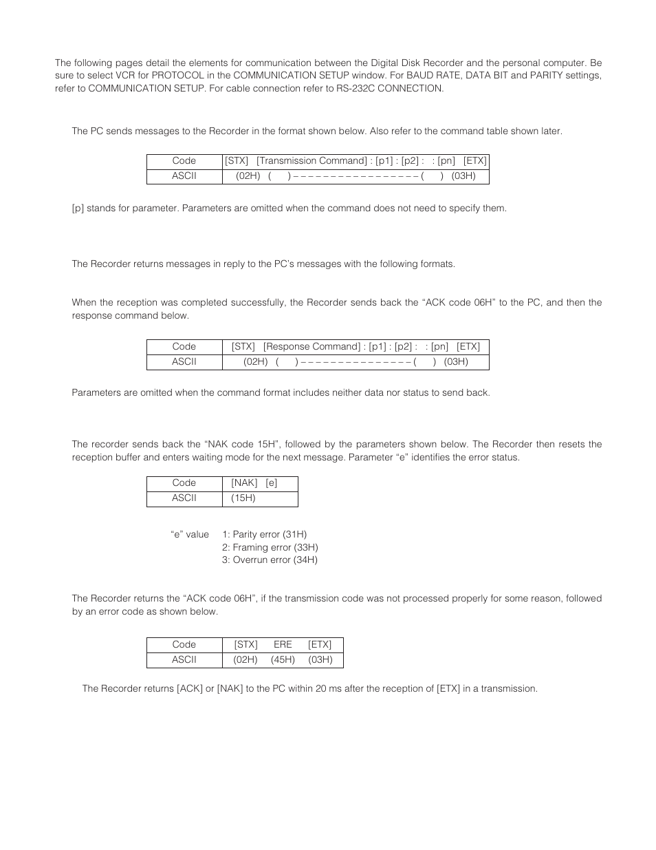 Rs-232c communication protocol, Transmission command, Response command | Panasonic WJ-HD200 User Manual | Page 81 / 92