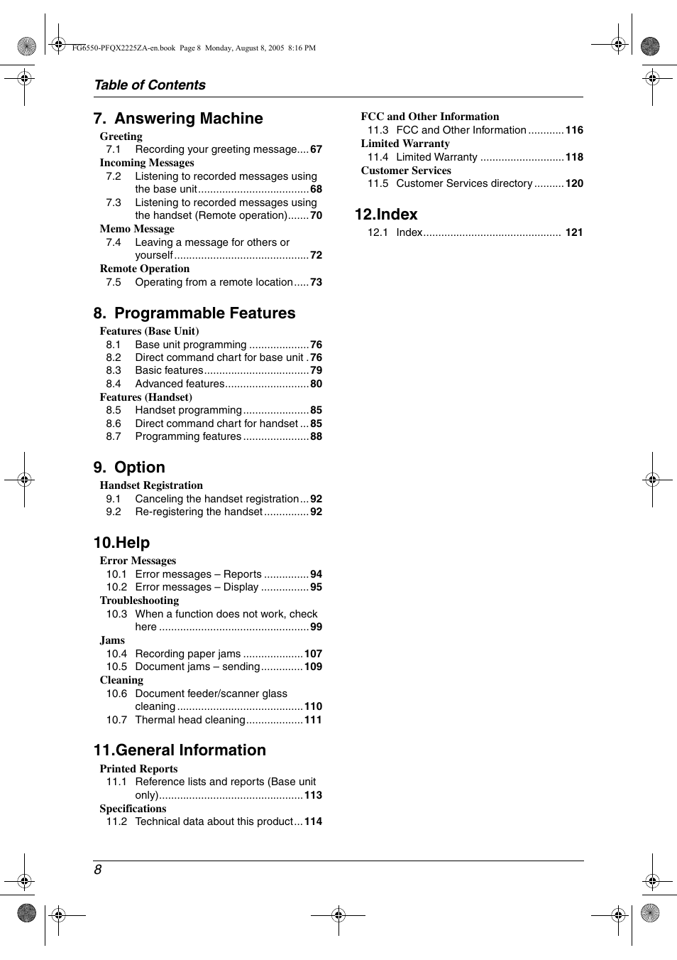 Answering machine, Programmable features, Option | Help, General information, Index | Panasonic KX-FG6550 User Manual | Page 10 / 126