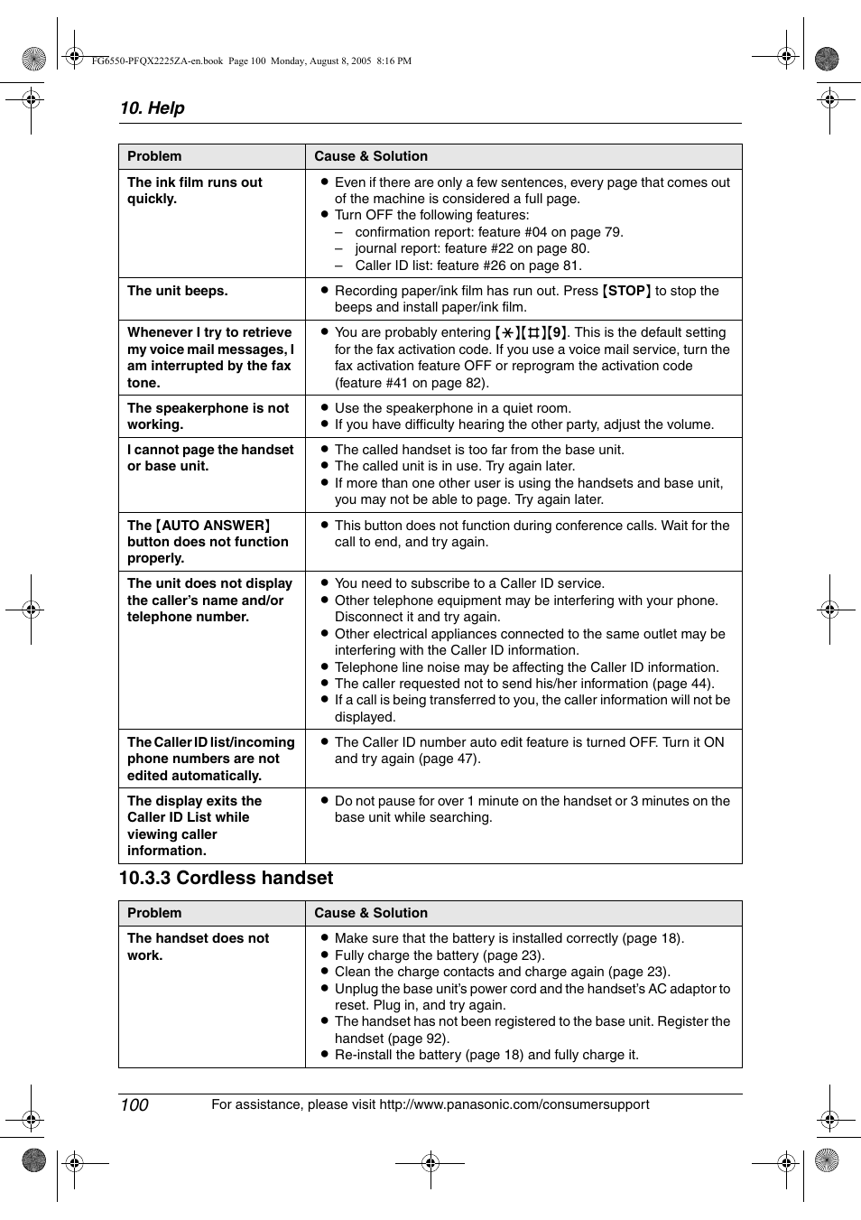 3 cordless handset, Help 100 | Panasonic KX-FG6550 User Manual | Page 102 / 126