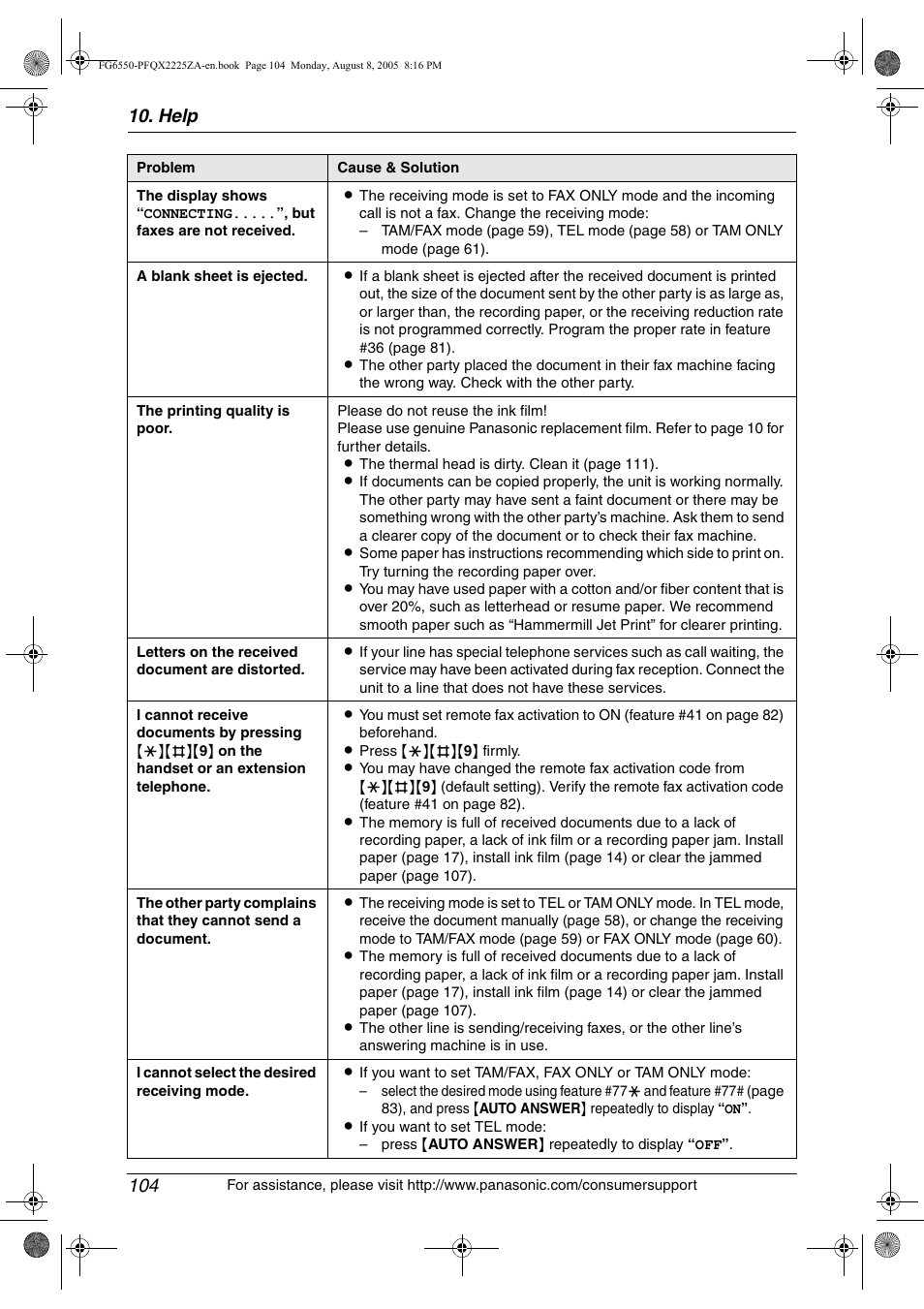 Help 104 | Panasonic KX-FG6550 User Manual | Page 106 / 126