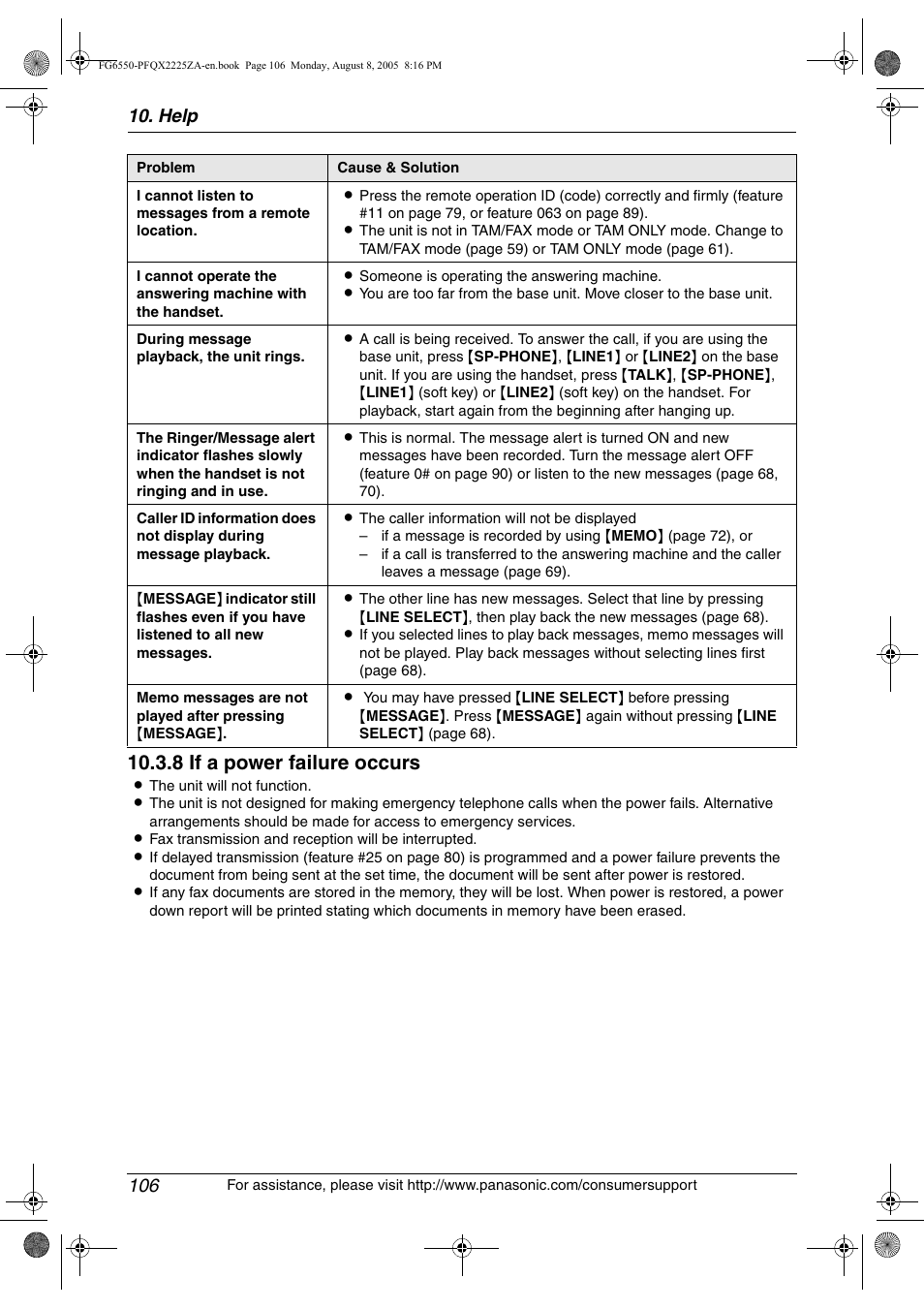 8 if a power failure occurs, Help 106 | Panasonic KX-FG6550 User Manual | Page 108 / 126