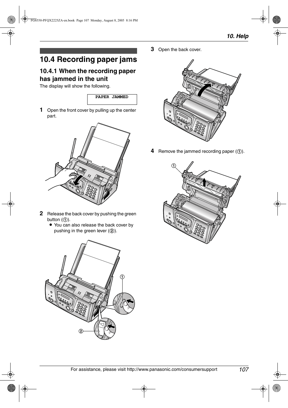 Jams, 4 recording paper jams, Recording paper jams | 4 recording paper jams, 1 when the recording paper has jammed in the unit | Panasonic KX-FG6550 User Manual | Page 109 / 126