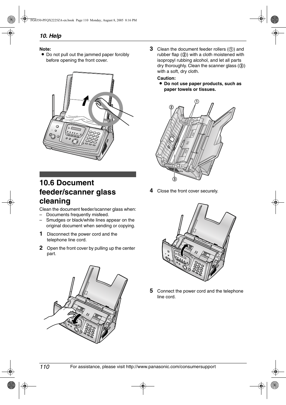 Cleaning, 6 document feeder/scanner glass cleaning, Document feeder/scanner glass | 6 document feeder/scanner glass cleaning | Panasonic KX-FG6550 User Manual | Page 112 / 126