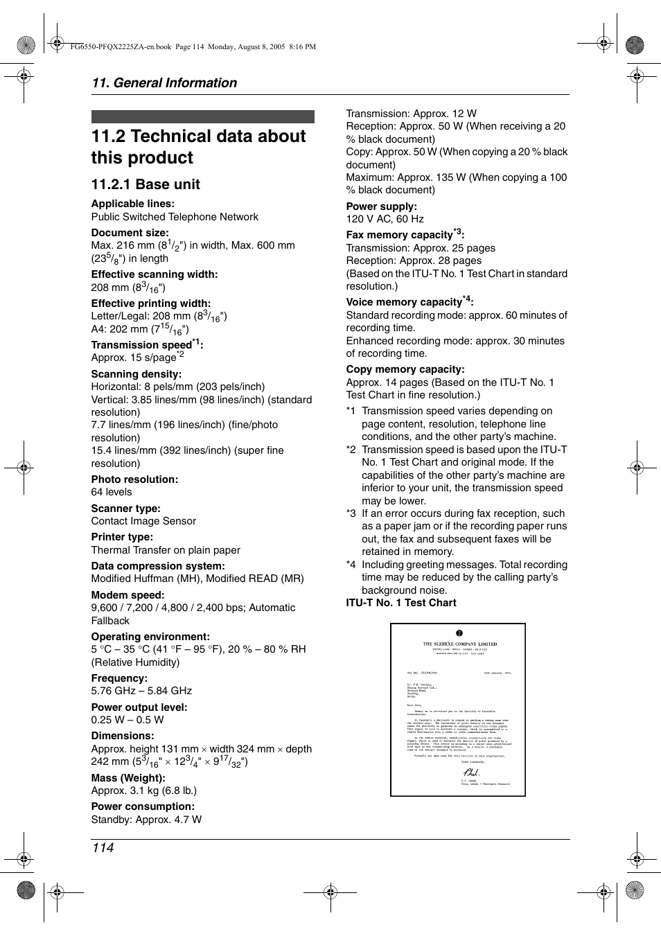 Specifications, 2 technical data about this product, Technical data about this product | 2 technical data about this product, 1 base unit, General information 114 | Panasonic KX-FG6550 User Manual | Page 116 / 126