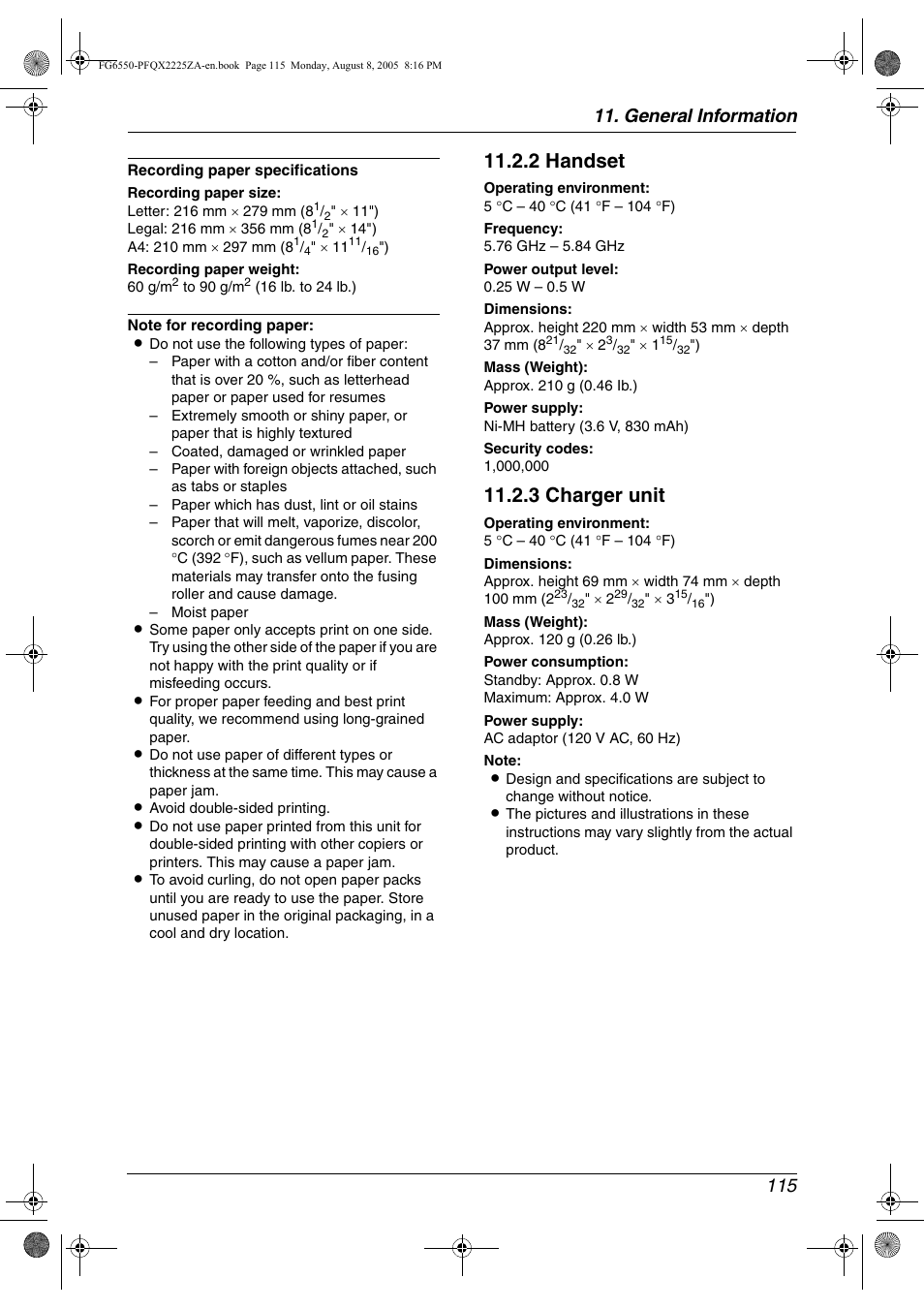 2 handset, 3 charger unit, General information 115 | Panasonic KX-FG6550 User Manual | Page 117 / 126