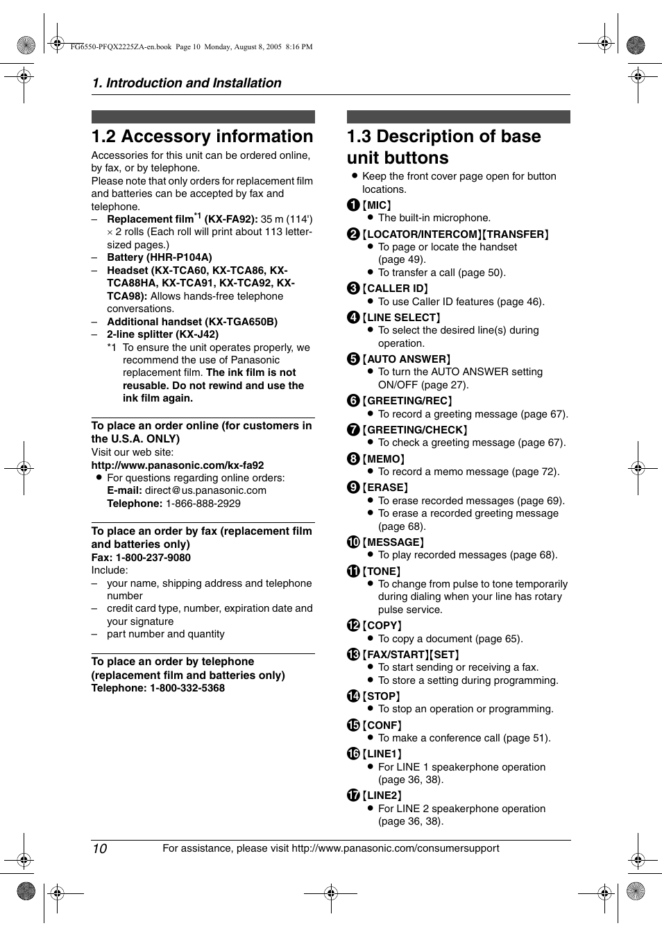 2 accessory information, Finding the controls, 3 description of base unit buttons | Accessory information, Description of base unit buttons, 2 accessory information, 3 description of base unit buttons | Panasonic KX-FG6550 User Manual | Page 12 / 126