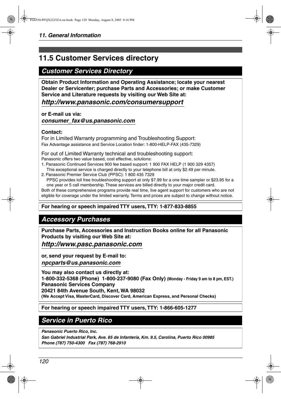 Customer services, 5 customer services directory, Customer services directory | 5 customer services directory, Accessory purchases service in puerto rico | Panasonic KX-FG6550 User Manual | Page 122 / 126