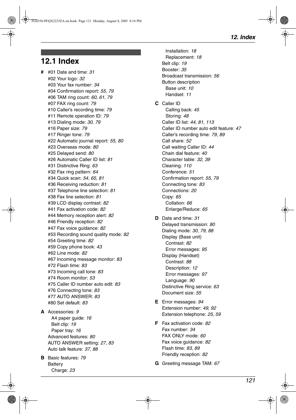 Index, 1 index, Index 121 | Panasonic KX-FG6550 User Manual | Page 123 / 126