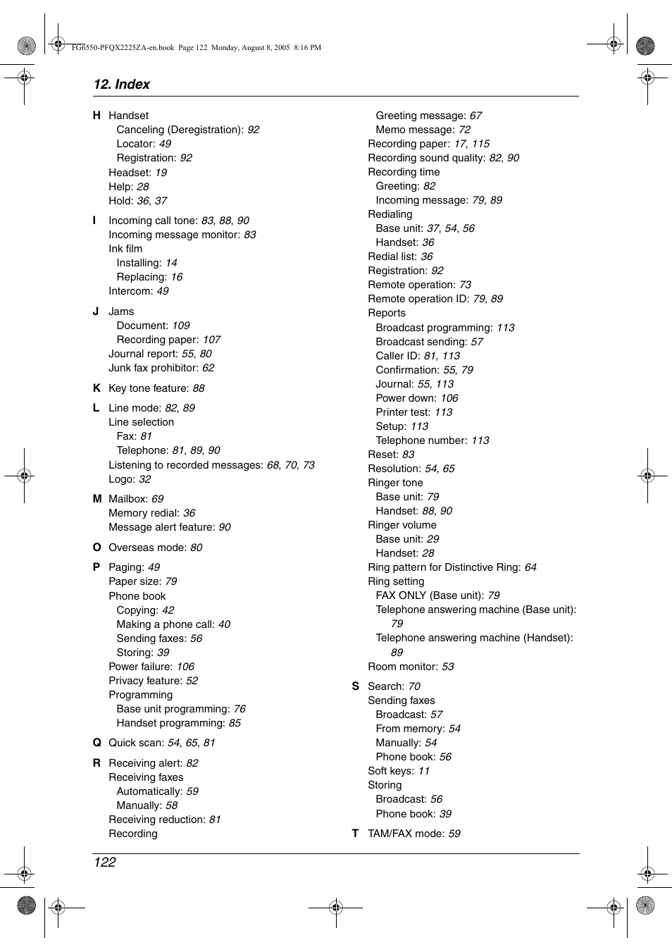 Index 122 | Panasonic KX-FG6550 User Manual | Page 124 / 126