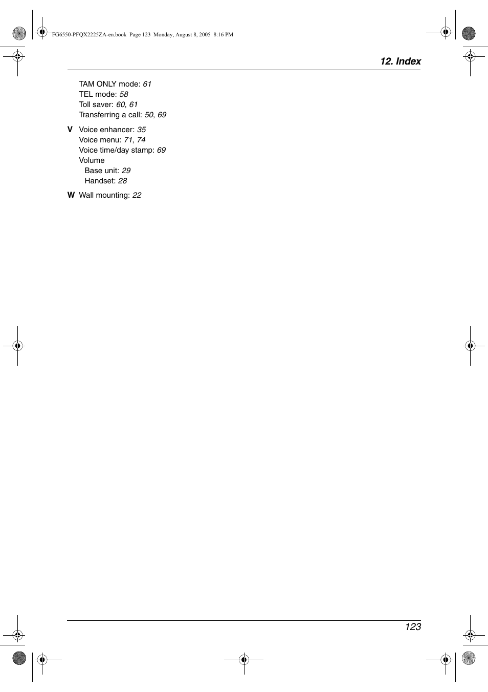 Index 123 | Panasonic KX-FG6550 User Manual | Page 125 / 126