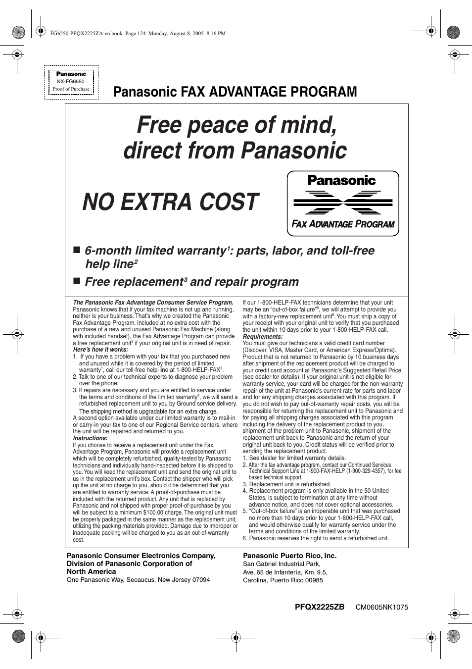 Panasonic fax advantage program, Month limited warranty, Parts, labor, and toll-free help line | Free replacement, And repair program | Panasonic KX-FG6550 User Manual | Page 126 / 126
