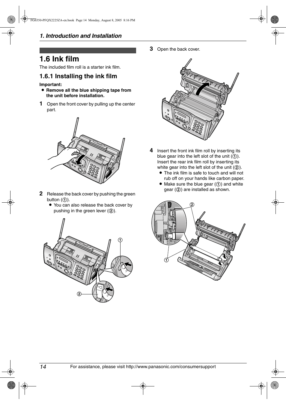 Installation (base unit), 6 ink film, Ink film | 6 ink film, 1 installing the ink film | Panasonic KX-FG6550 User Manual | Page 16 / 126