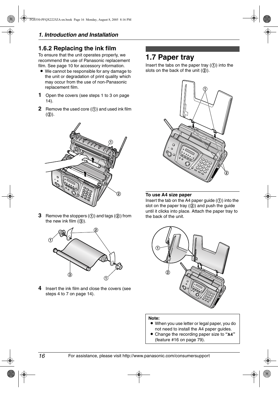7 paper tray, Paper tray, 7 paper tray | 2 replacing the ink film | Panasonic KX-FG6550 User Manual | Page 18 / 126