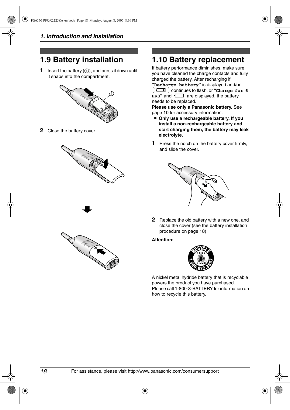 9 battery installation, 10 battery replacement, Battery installation | Battery replacement, 9 battery installation, 10 battery replacement | Panasonic KX-FG6550 User Manual | Page 20 / 126