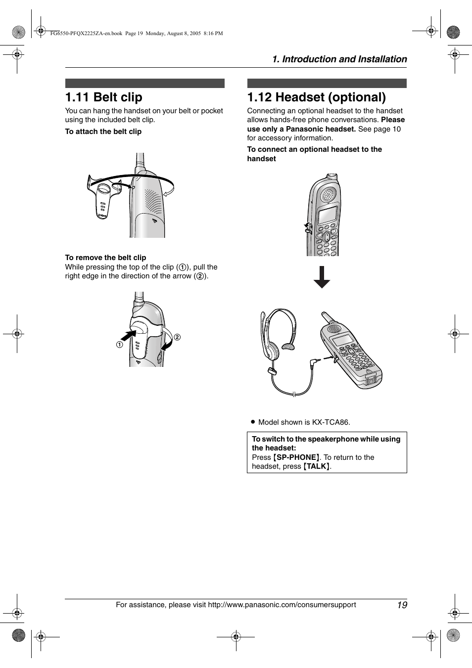 11 belt clip, 12 headset (optional), Belt clip | Headset (optional), 11 belt clip, 12 headset (optional) | Panasonic KX-FG6550 User Manual | Page 21 / 126