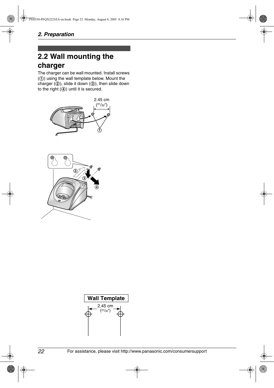 2 wall mounting the charger, Wall mounting the charger, 2 wall mounting the charger | Preparation 22, Wall template | Panasonic KX-FG6550 User Manual | Page 24 / 126