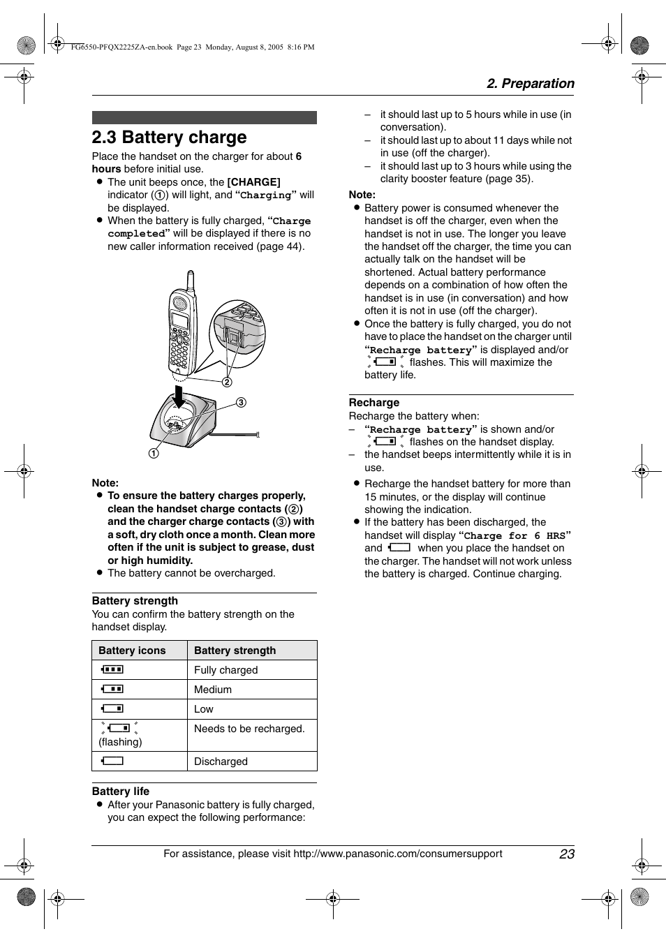 3 battery charge, Battery charge, 3 battery charge | Preparation 23 | Panasonic KX-FG6550 User Manual | Page 25 / 126