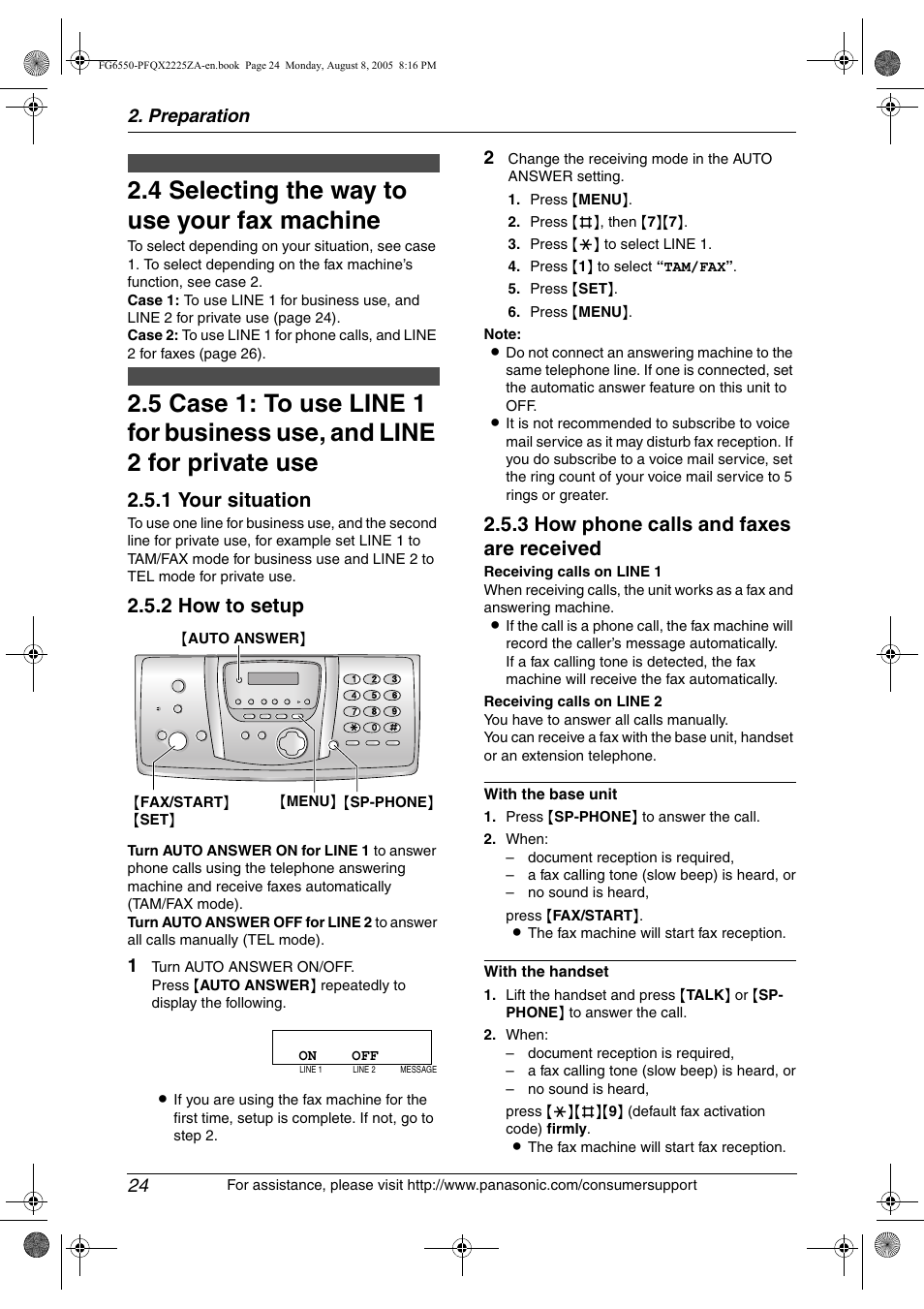 4 selecting the way to use your fax machine, Selecting the way to use your fax machine, 4 selecting the way to use your fax machine | 1 your situation, 2 how to setup, 3 how phone calls and faxes are received, Preparation 24 | Panasonic KX-FG6550 User Manual | Page 26 / 126