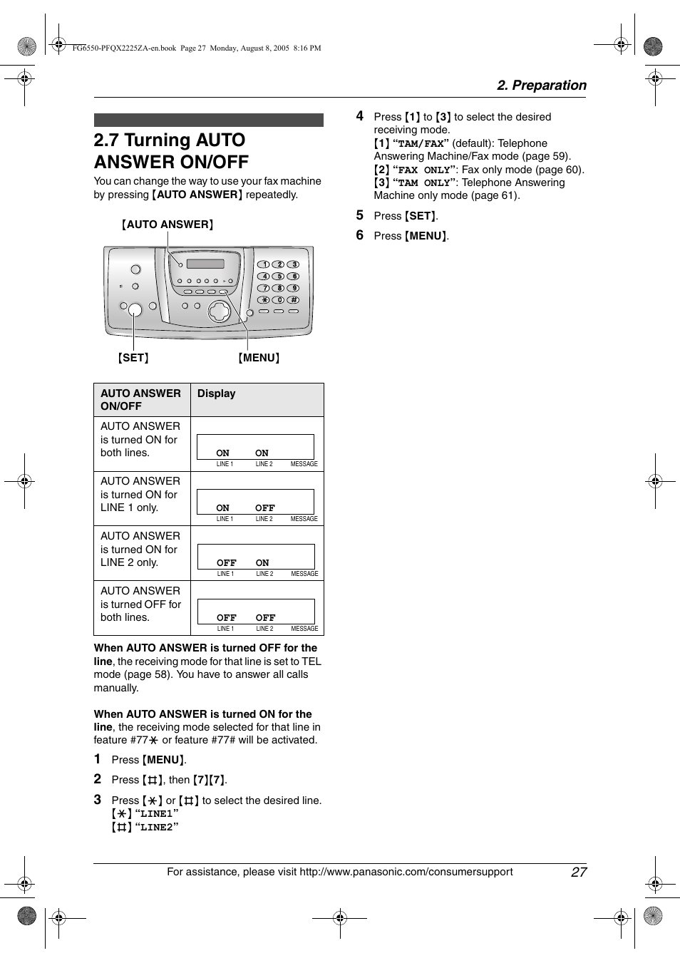 7 turning auto answer on/off, Turning auto answer on/off, 7 turning auto answer on/off | Preparation 27 | Panasonic KX-FG6550 User Manual | Page 29 / 126