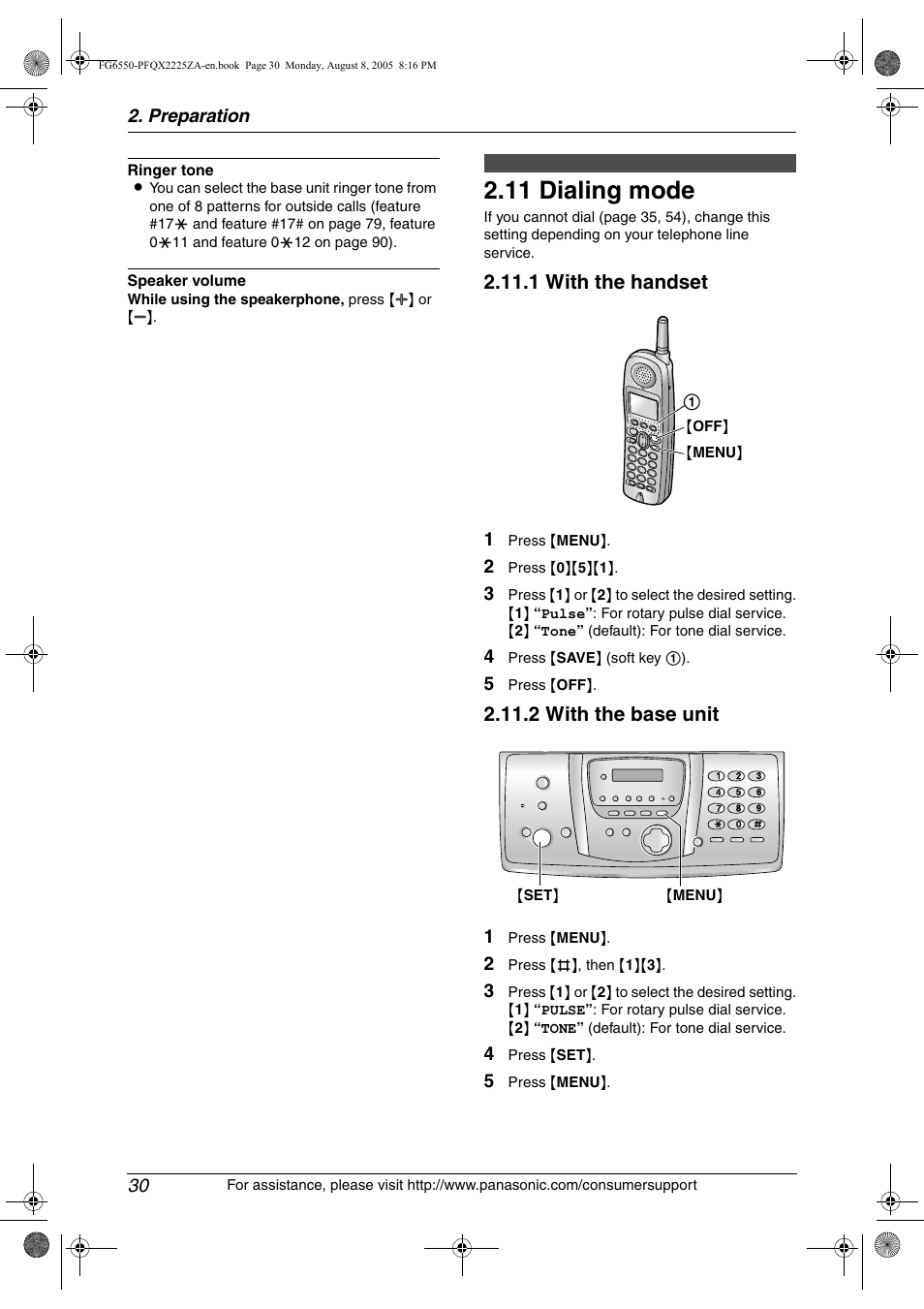 Initial programming, 11 dialing mode, Dialing mode | 11 dialing mode, 1 with the handset, 2 with the base unit | Panasonic KX-FG6550 User Manual | Page 32 / 126