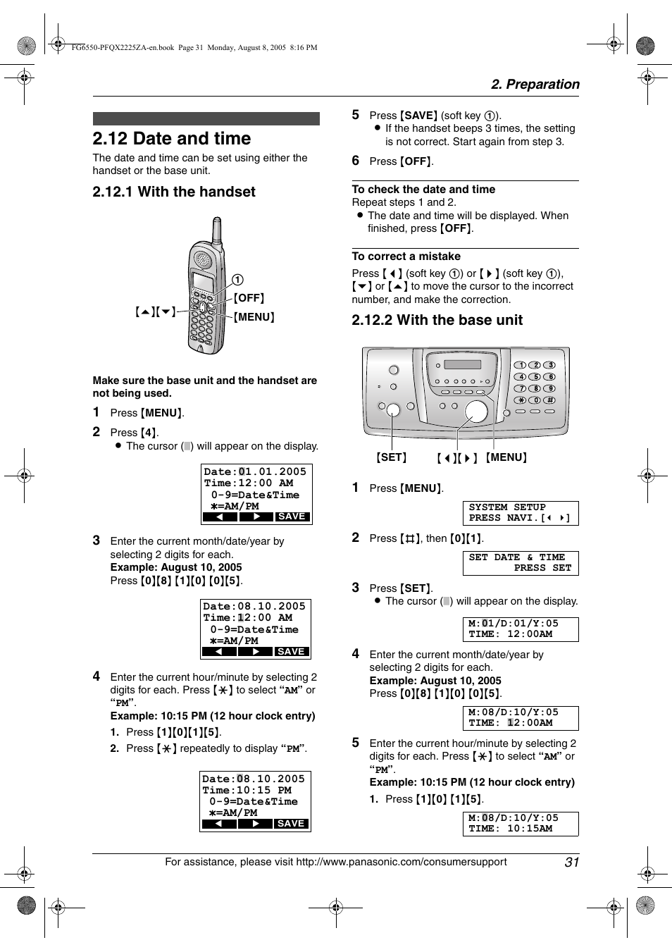 12 date and time, Date and time, 12 date and time | 1 with the handset, 2 with the base unit, Preparation 31 | Panasonic KX-FG6550 User Manual | Page 33 / 126